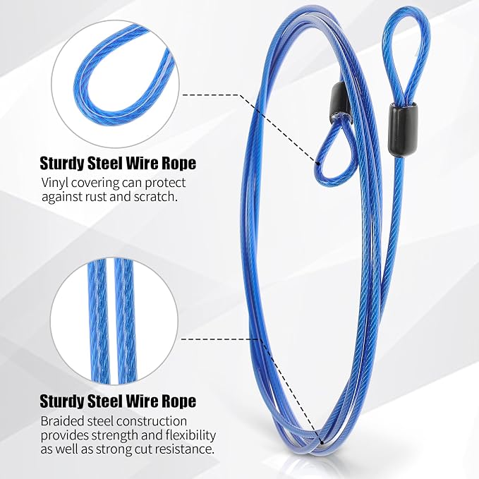 12 Pack Security Cable Luggage Lock with Loops 7 ft 3mm Braided Steel Coated Bike Cable Wire Double Loop Anti Theft Safety for U Lock, Padlock and Disc(Black,Blue) - Image 2