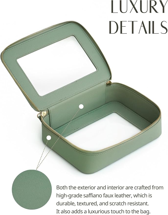 Clear Toiletry Bag 2 Pack, Travel Makeup Bag Medium and Large Green | Structured Clear Cosmetic Case with Zipper, Car Essential Organizer Bag for Women, Waterproof PU Leather, Wide Open Portable - Image 6
