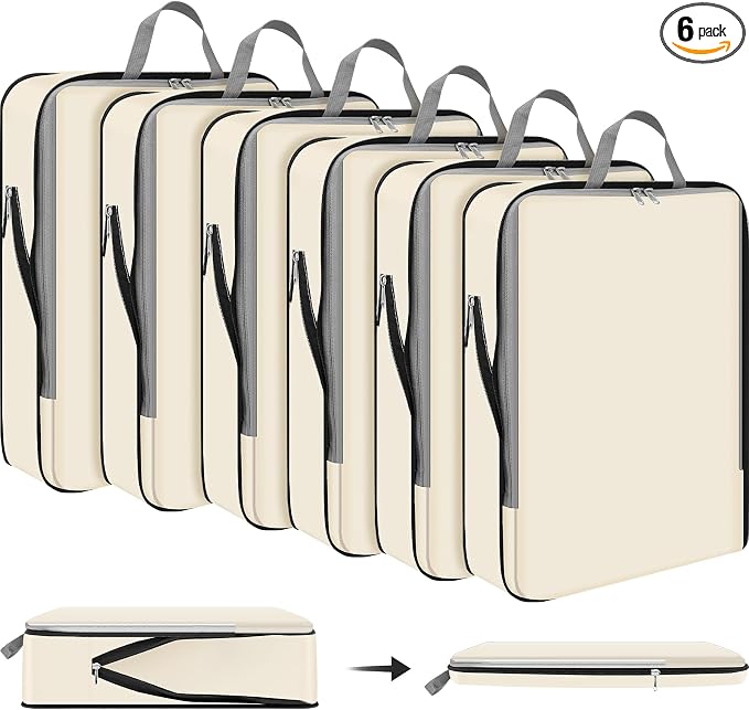 Hosuly 6 Pcs Large Ultralight Compression Packing Cubes for Travel 17.3 x 12.6'' XL Large Expandable Luggage Storage Organizers for Save Space Family Long Trips (Beige) by Hosuly