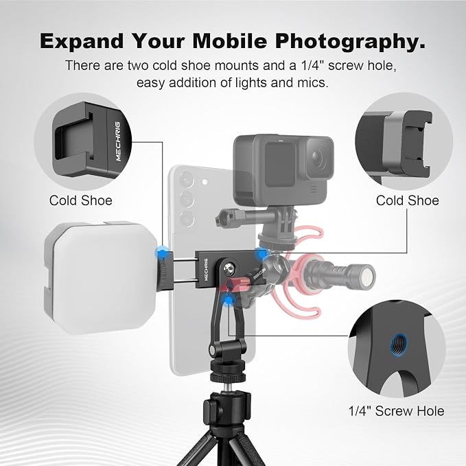 Metal Phone Tripod Mount with Cold Shoes & 1/4" Thread, 180° Tilt & 360° Rotation Tripod Phone Holder Stand for iPhone 16 Pro Max/Samsung Galaxy/All Phones/Camera/Cage/Selfie Stick (69001) - Image 3