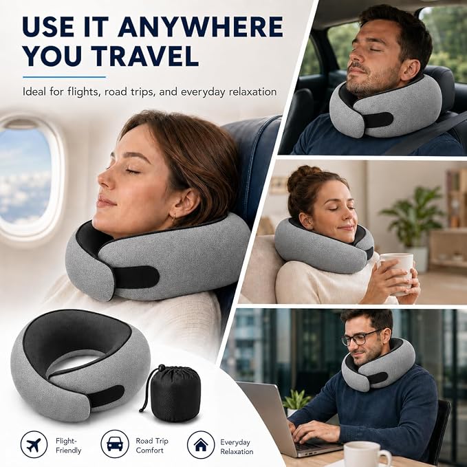 Travel Pillow for Airplane, Memory Foam Neck Pillow for Travel with Chin Support, Washable Cover & Storage Bag, Ergonomic 360° Neck Support for Long Flights, Car, Office, Home, Max Grey - Image 6
