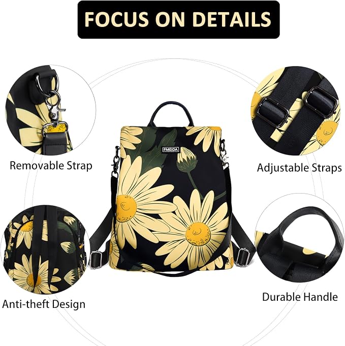 Backpack Purse for Women - Travel Anti-Theft Backpacks Nylon Waterproof Daypack College Bookbag Shoulder Bag Sunflower | Hidden Back Zipper Opening, Compact Travel Size,Summer Sunflower Purse, Daypack for College Work, Fits 13-inch laptop - Image 6
