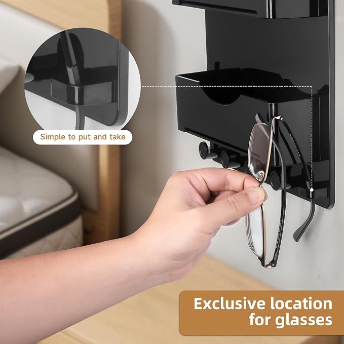 Bedside Wall Shelf with Glasses Hooks ，Adhesive Bedside Organizer Wall Mount for Dorm and Room Accessories Phone，Remote，Earphone， Kindle (Black) - Image 4