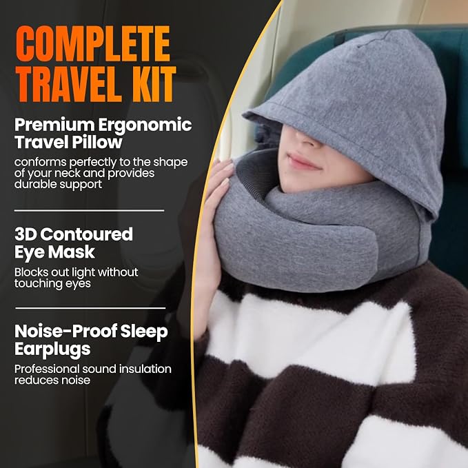 LOEXAIR™ Hooded Pro Travel Pillow - Memory Foam Neck Support Pillow for Airplane, Flight - Super-Soft Pure Cotton Fabric, Maximum Privacy & Light-Block Design, Lightweight Full Travel Kit - Light Grey - Image 5
