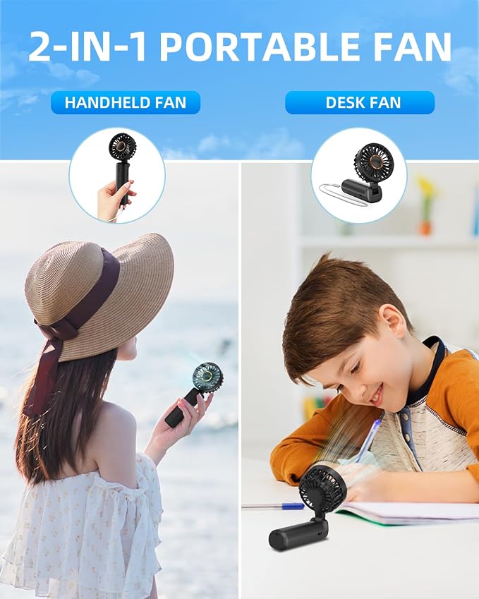 Portable Handheld Fan, Mini Desk Fan Foldable 2000mAh, 180° Ratotion, 3 Speeds, Ultra Quite, Up to 8H Long Use Time, Small Personal Cooling Fans Makeup Lash Fan for Women Girls - Image 2