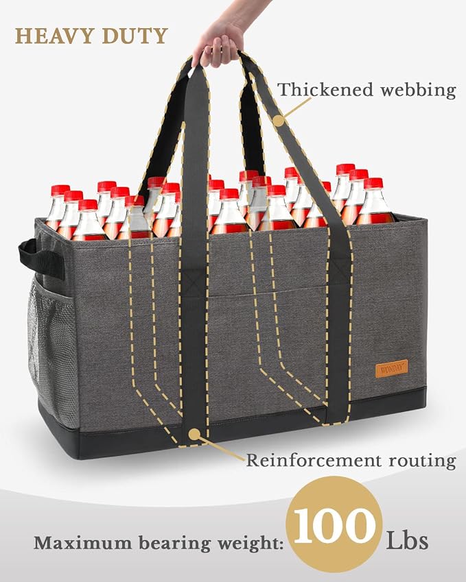 WONDAY X-Large Utility Tote Bag, Standing Reusable Grocery Bag | 22x11x13.5in, 50L capacity, holds 100lbs, collapsible, fabric with leather bottom, for beach travel storage - Image 8