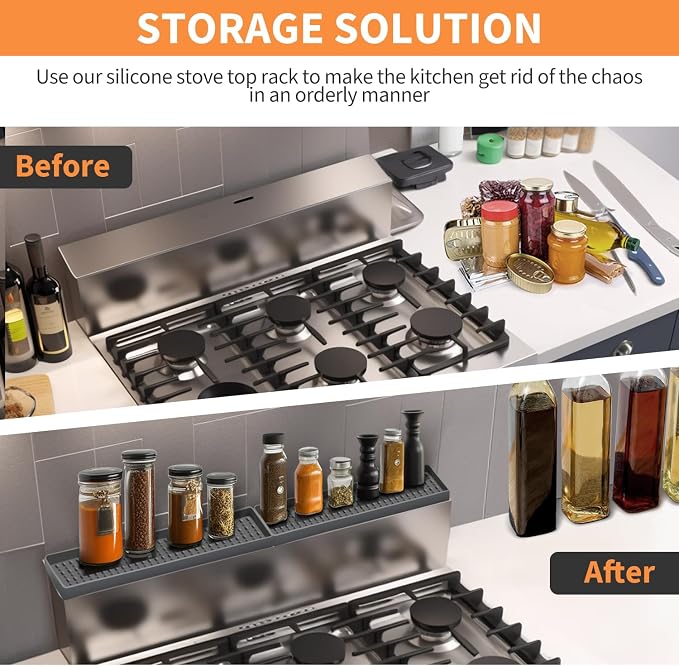 BFONS 30" Magnetic Stove Top Shelf Spice Rack Storage, Silicone Top Heat Material Stove Rack Shelf Flexible Seasoning Organizer Kitchen Shelves Gadgets with 2 Functional Prtitions for Kitchen （Grey） - Image 2