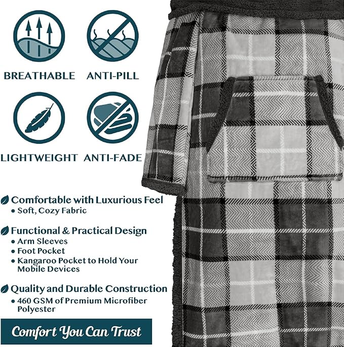 PAVILIA Sherpa Blanket with Sleeves, Foot Pocket for Women Men Adults, Thick Wearable Blanket Throw Wrap, Fleece Warm Snuggle Blanket Robe, Cozy Gift Ideas Wife Mom, Plaid Gray - Image 4