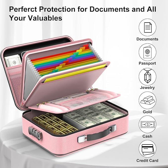 Fireproof Document Organizer with Lock, Hard Fireproof Document Box | Hard-Shell Fireproof Waterproof Document Box with Combination Lock Pink - Image 5