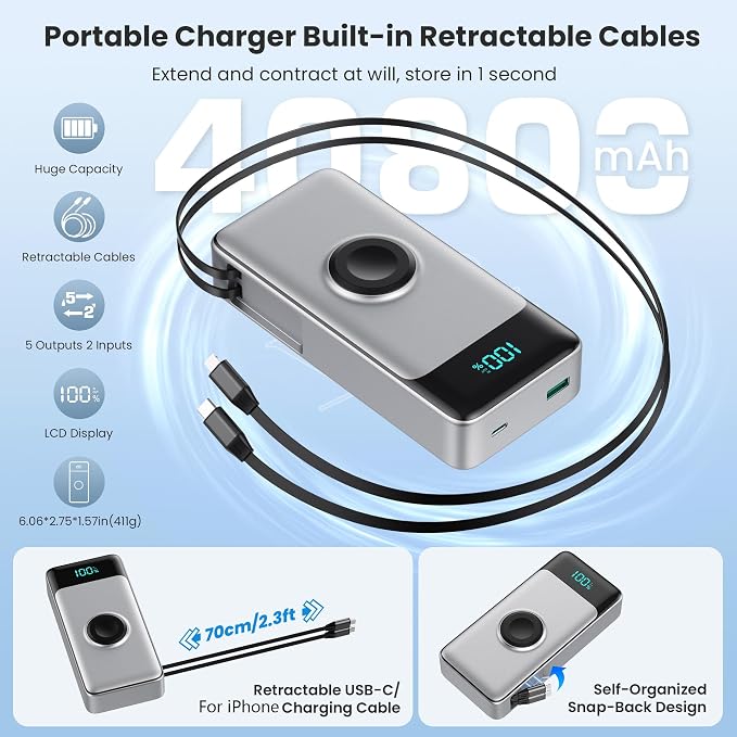 5-in-1 Portable Charger for iPhone,40800mAh Power Bank Built-in Retractable Cable and iWatch Charger,25W PD QC4.0 Fast Charging Battery Pack,Travel Essential Phone Charger for iPhone 17/16/15,Android - Image 3