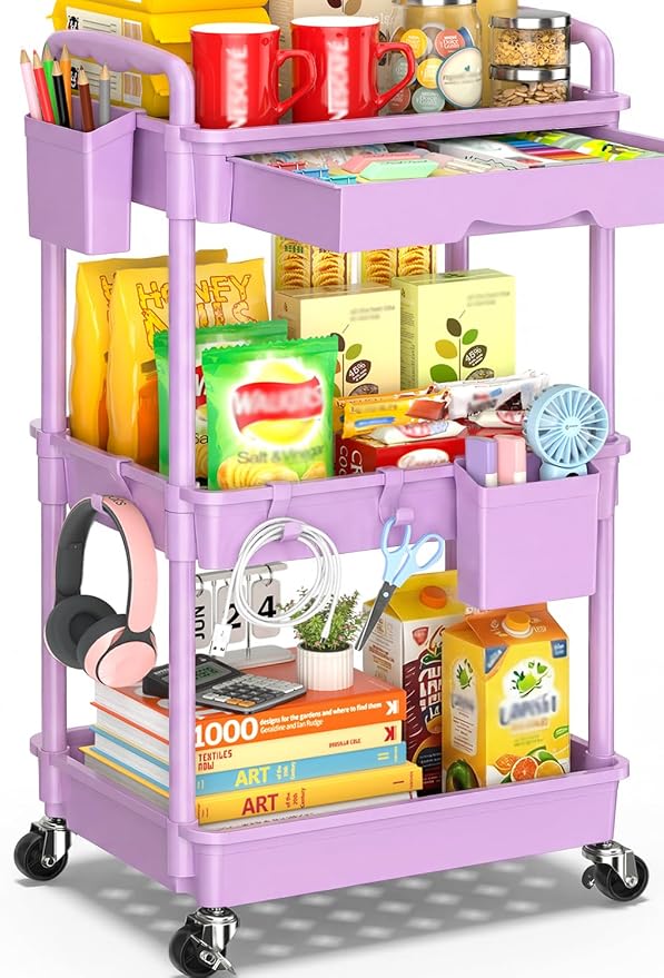 SUNALLY 3 Tier Rolling Cart with Drawer,Craft Storage Cart Organizer,Purple | Bathroom Storage Organizer with 2 Lockable Wheels, Rolling Utility Cart for Kitchen, Office, Baby, Makeup, Nail,Snack,Laundry by SUNALLY
