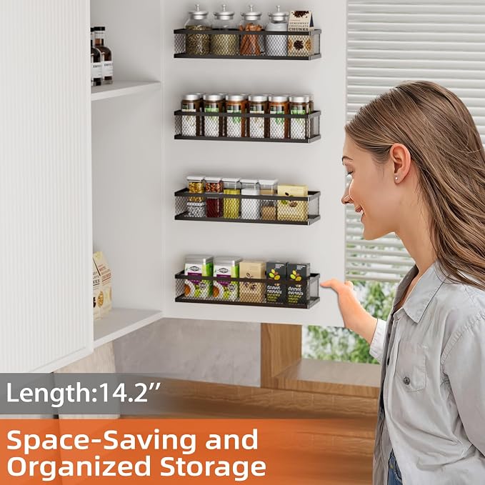 Spice Rack Wall Mount, 4 Pack Pantry Door Organizer & Hanging Storage Baskets Organizer Wall Mount, Large Capacity Metal Spice Shelf for Kitchen Cabinet, Pantry Doors, Bathroom, Shower, Home Decor - Image 2
