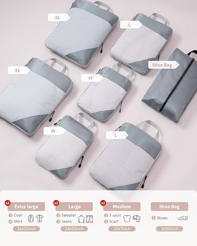 Meowoo 7 Set Compression Packing Cubes for Travel, Durable Ripstop Mesh Suitcase Organizer with Shoe Bag, Ultralight & Expandable Space Saver Travel Cubes - Image 2
