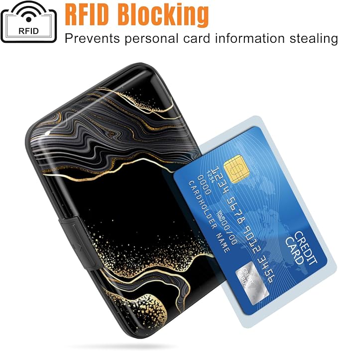 Rimilak Aluminuml Credit Card Holder,Black Gold Mable | Mini Credit Card Wallet RFID Blocking Slim Metal Hard Case for Women Men - Image 2