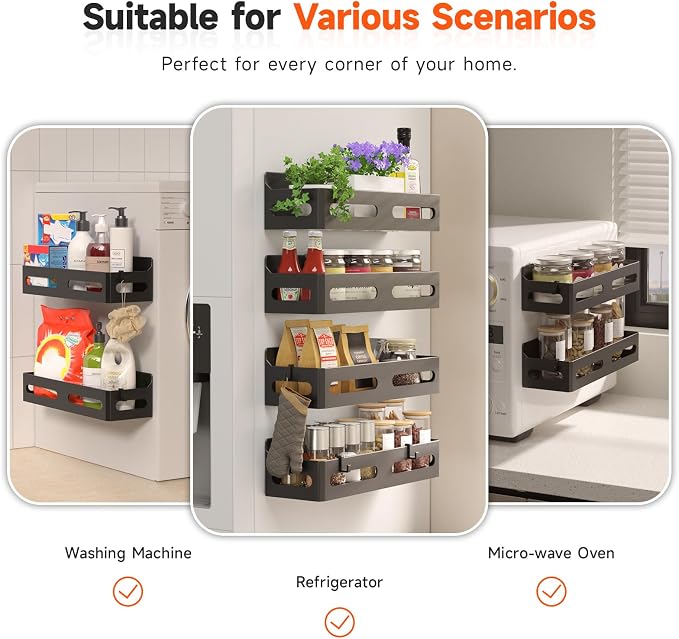 6-Pack Magnetic Spice Rack for Refrigerator with Hooks, Black | Strong multipurpose magnetic shelf for kitchen & bathroom organization. Includes 4 removable hooks for hanging items. - Image 6