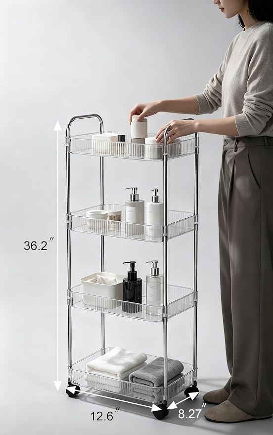 Sooyee Clear 4-Tier Plastic Rolling Utility Cart with Wheels | Multi-Functional Storage Trolley, For Office, Living Room, Kitchen, Movable Storage Organizer - Image 6