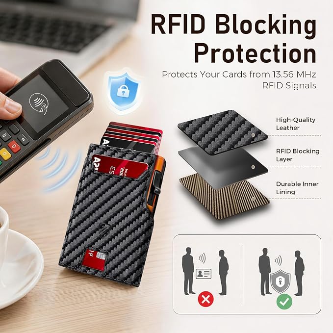 RUNBOX Wallet for Men, RFID Blocking Pop-Up Card Holder, Black+ORANGE | Minimalist Aluminum Smart Wallet with ID Window, Compact Credit Card Holder, Stretchable Cash Slot, Birthday Gift for Men - Image 4