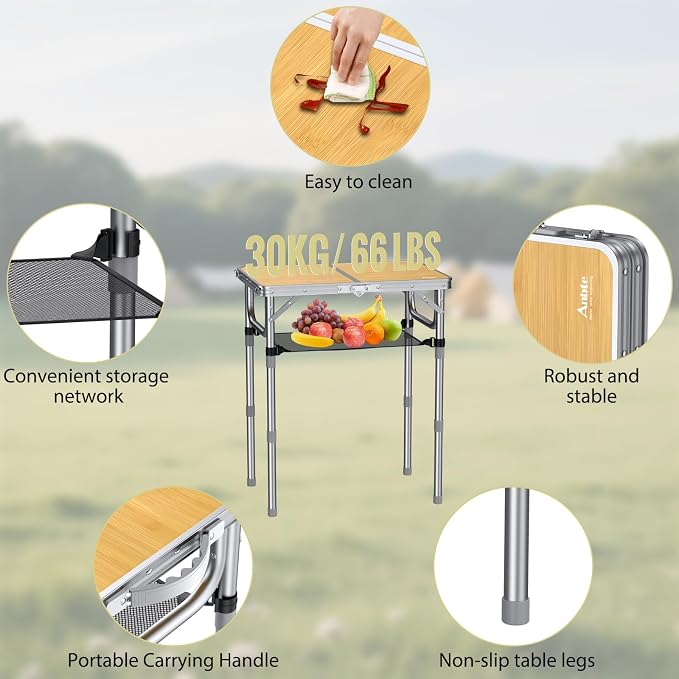Anbte 2ft Camping Folding Table, 3 Adjustable Heights High 27.5", 24" x 16" | Aluminum Small Folding Table with Storage Net, Portable, For Outdoor Indoor Picnic Beach BBQ RV Travel Camp, Light Oak Grain - Image 5