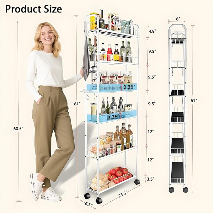 6in 6 Tier Slim Storage Cart with Wheels,Narrow Space Rolling Shelving Unit with Handle, Metal Wire Mobile Organizer Rack for Kitchen Bathroom Office Laundry - Image 5