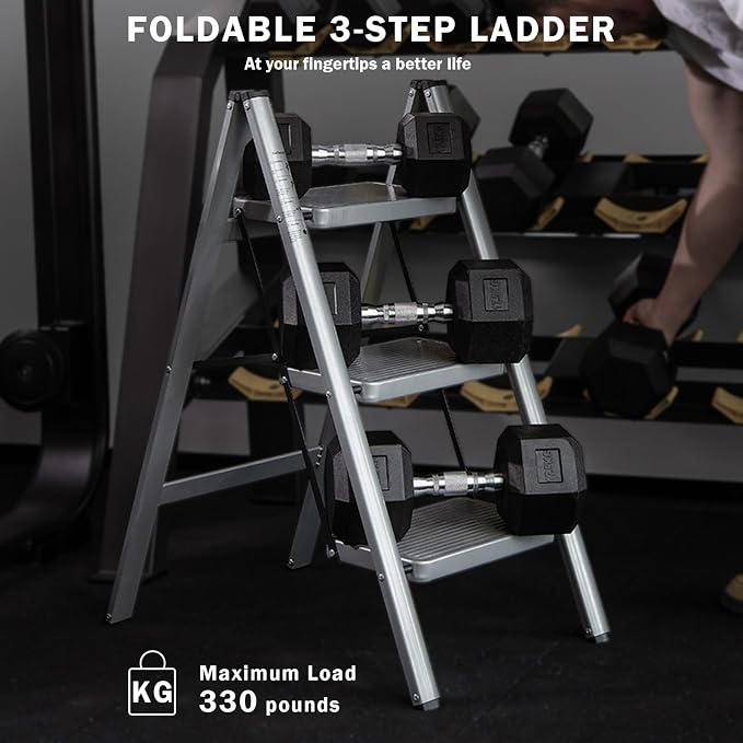 3 Step Ladder, Steel Folding Step Stool with 330lbs Heavy Duty | Anti-Slip Wide Pedal | 1.9" Slim Fold | Ideal for Kitchen Cabinets, Closet Organizing, Pantry Shelves & Plant Display - Image 2