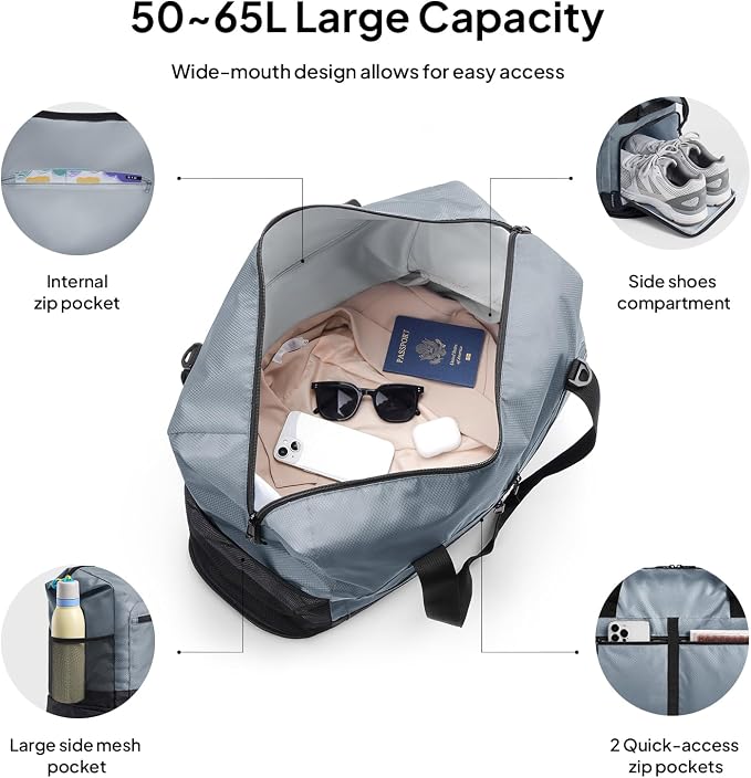 TOPEAST Foldable Travel Bag for Men & Women, 65L Weekender Overnight Duffle Bag for Travel, Expandable Airline Approved Carry-On with Shoe Compartment, Lightweight Personal Item Bag, Water-resistant - Image 4