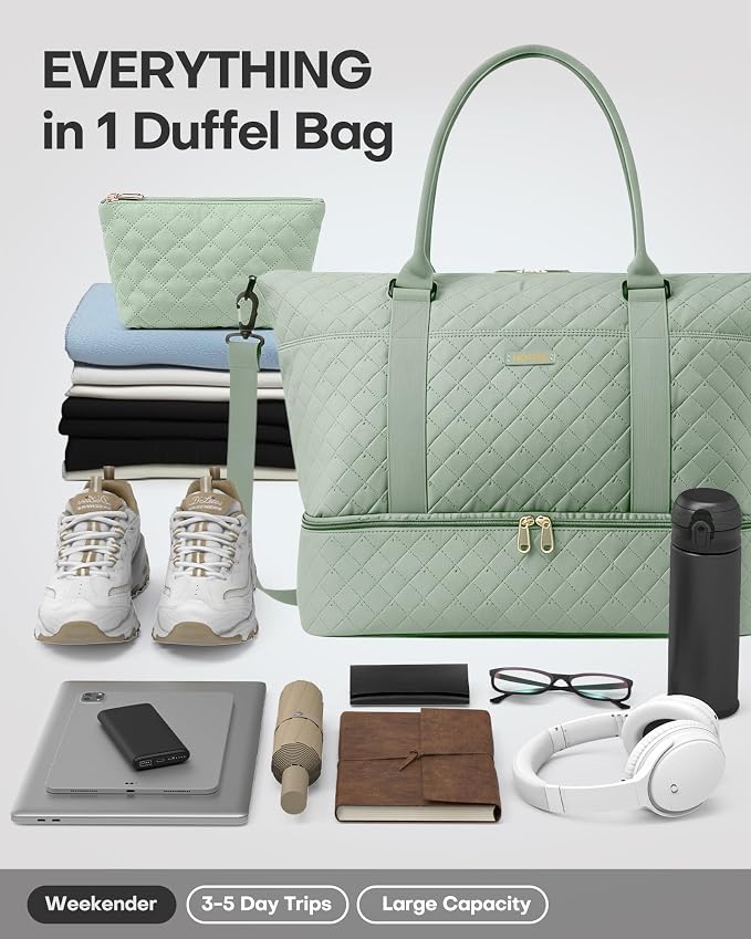 HOTOR Travel Duffel Bag - Weekender Bags for Women, Carry On Gym Tote Bags | with Toiletry Bag & Shoe Compartment, Overnight Bag for Travel Essentials and Travel Accessories, Green, 13.4"×17.3"×7.9" - Image 5