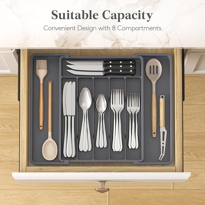 Lifewit Expandable Silverware Drawer Organizer, Kitchen Utensil Tray | BPA-free Plastic Flatware Cutlery Holder, Space-Saving Storage for Spoons Forks Knives, 11-18 x 14 x 1.5“, Dark Gray - Image 3