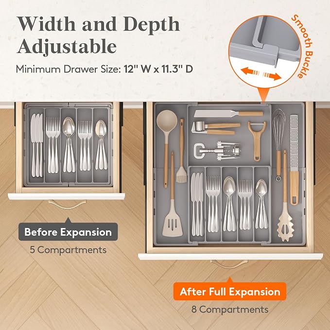 Lifewit Expandable Silverware Drawer Organizer, Utensil Tray for Kitchen | BPA Free Flatware and Cutlery Holder, Adjustable Plastic Storage for Spoons Forks Knives, 12-20.5 x 11.3-19.4 x 1.7, Gray - Image 6