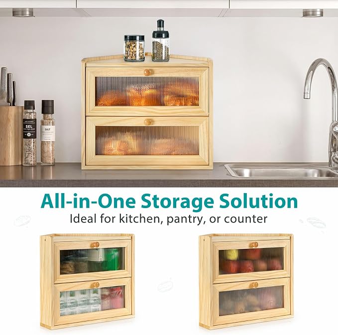 Sunhoo Bread Box for Kitchen Countertop Corner Large Wooden Bread Bin 2 Tier Rustic Food Storage Container with Acrylic Window Farmhouse Keeper Shelf Organizer for Loaves Pastries & Snacks (Yellow) - Image 6
