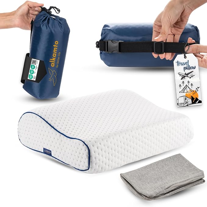 alkamto Travel & Camping Comfortable Memory Foam Pillow – Easy to Carry Portable Bag – Temperature Regulating Pillow Case (White Contour + Extra Cover) by Alkamto