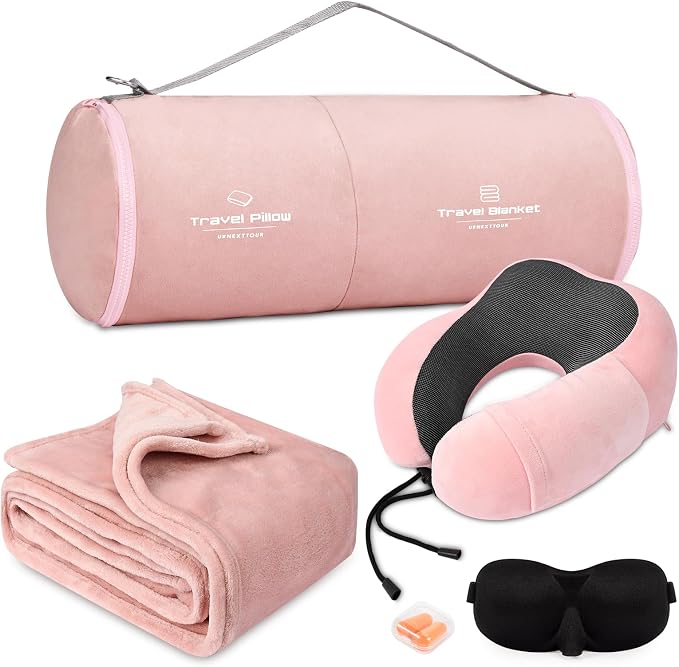 urnexttour Travel Pillow and Blanket Set Neck Pillow Airplane Foam Pink | 43x60 Inch Plane Blanket, Traveling Compact Storage Bag, Eye Mask, and Earplugs for Ultimate Flight Comfort, Women and Men by Urnexttour