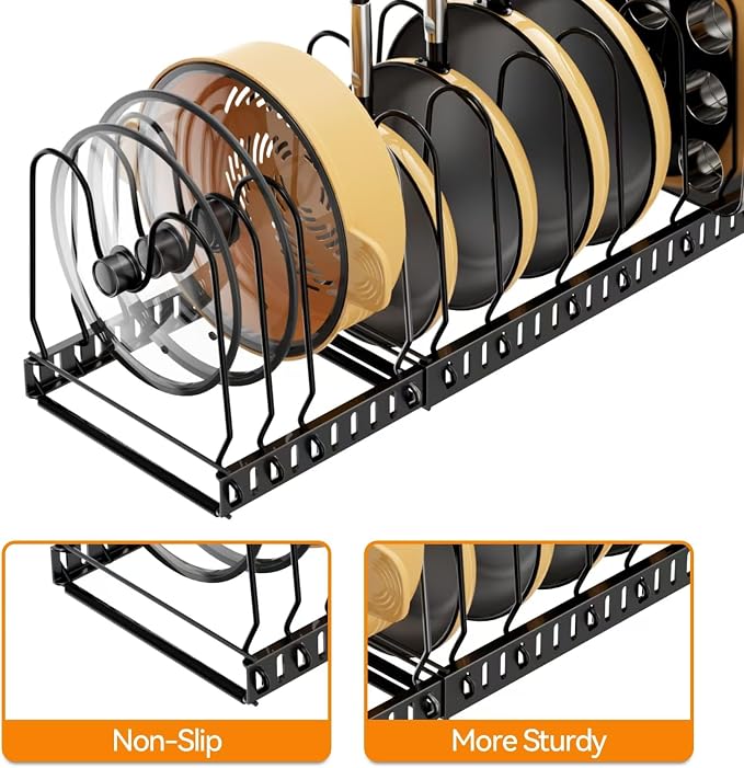Pot and Pan Organizer Rack for Cabinet & Countertop, 3‑Tier Expandable Holder with 12 Adjustable Compartments, Kitchen Storage for Pan Lid, Cutting Board, Cookware & Bakeware, Black - Image 7