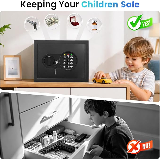 9.84'' Tall Small Safe Box, Home Safes with Removable Shelf | Fireproof Bag, Keys & Pass Code,Mini Fireproof Security Safe with Smart Alert and Wall Mount Kits for Money,Jewelry,Documents - Image 7