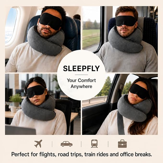sleepfly Travel Neck Pillow with Hood – Travel Essentials Kit : Neck Pillow, Eye Mask & Silicone Earplugs – Ergonomic Memory Foam Neck Support for Airplane, Car and Train - Image 7