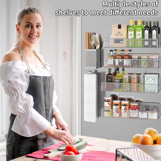Magnetic Spice Rack for Refrigerator, 6 Pack Metal Magnetic Shelf Grey, Moveable Spice Organizer, Strong Magnetic Storage Fridge Organizer with Paper Towel Holder, Utensils Holder - Image 6