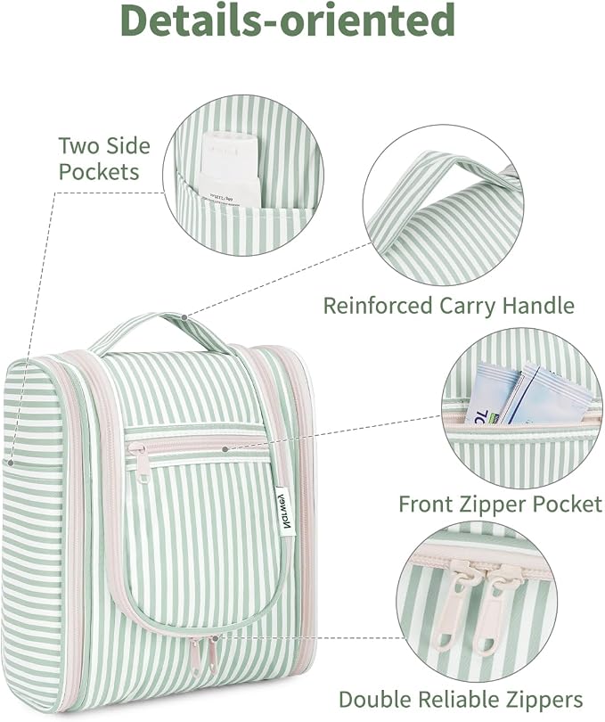Narwey Small Striped Hanging Travel Toiletry Bag for Women, Travel Bag for Toiletries, Makeup Bag Organizer Cosmetic Bags Make Up Bags for Women (Mint Green Stripe) - Image 6
