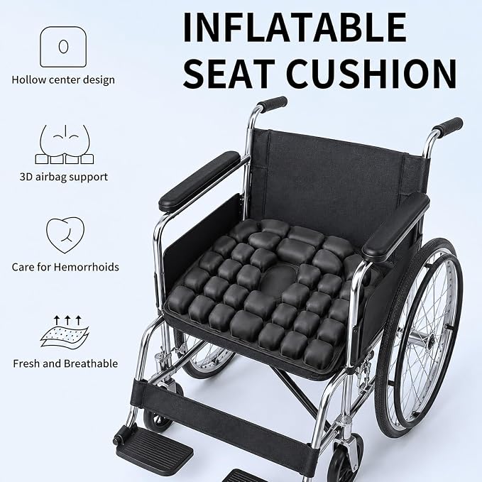 Inflatable Wheelchair Cushion with Built-in Pump, Adjustable Air Pad | Lycra + TPU cover, non-slip, breathable surface, black color, 17.7x15.7 inch size, for wheelchair, office chair and car - Image 2