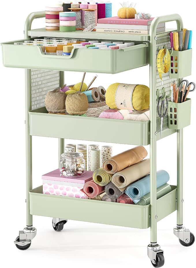 KINGBOARD 3 Tier Metal Rolling Cart with Drawer, Green Utility Storage Cart | 2 Cups & 4 Hooks, Lockable Wheels, Trolley Organizer for Bathroom, Kitchen, Office, Nursery, Dorm, Laundry, Craft Room by KINGBOARD