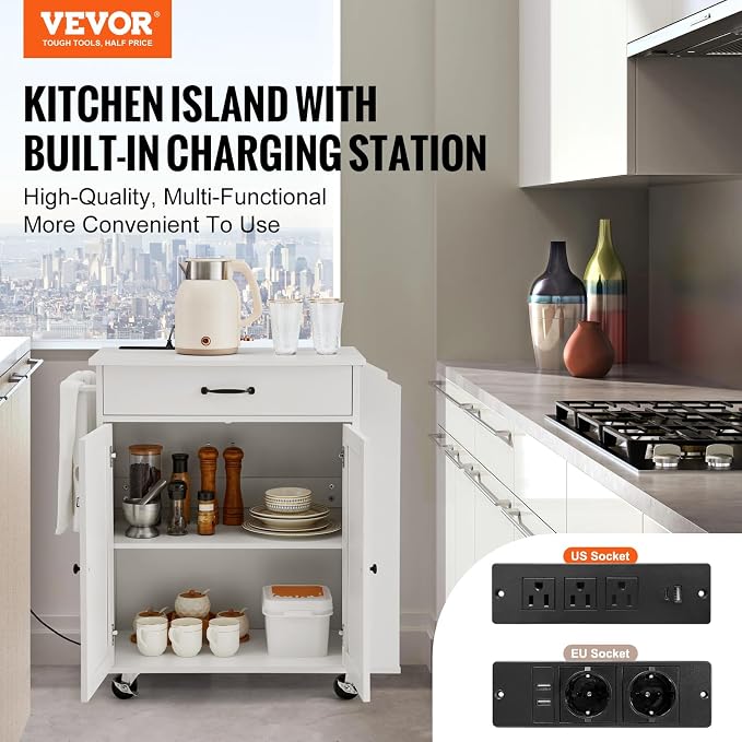 VEVOR Kitchen Island Cart, 32" Mobile Carts with Storage Cabinet, Rolling Table with Power Outlet, Spice Rack, Towel Bar, Adjustable Shelf, Drawer, Dining Living Room Portable Islands on Wheels, White - Image 2
