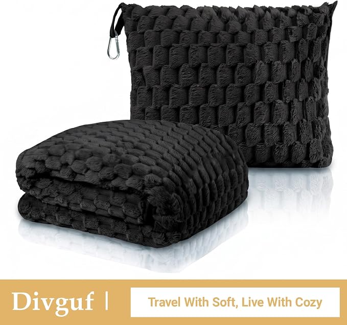Travel Blanket with Bag, Soft Fleece Portable Airplane Blanket, Black | Soft fleece travel blanket 50x60in grey. 5-in-1: pillow, lumbar support, shawl, hand warmer. Washable, luggage sleeve, clip. - Image 8