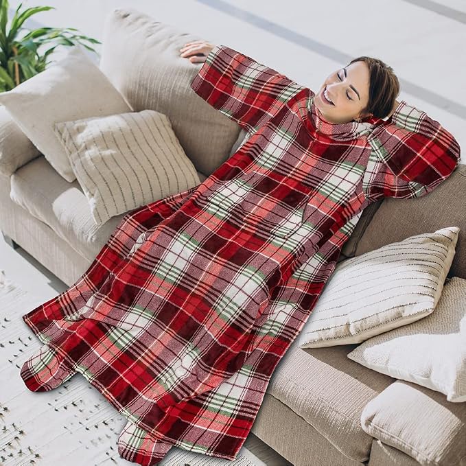PAVILIA Fleece Blanket with Sleeves, Foot Pockets for Women Men Adults, Plush Wearable Blanket Throw Wrap, Warm Snuggle Blanket Robe, Cozy Gift Ideas Wife Mom, Christmas Plaid - Image 3
