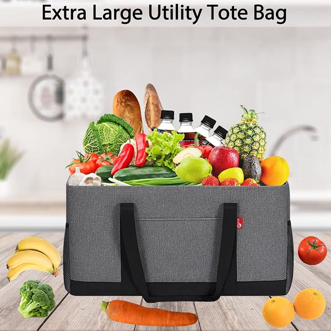 Extra Large Utility Tote Bag, Foldable Reusable Grocery Bags with Metal Wire Frame & Reinforced Bottom Board, Stand Up Large Utility Tote for Shopping, Beach Bag, Laundry, Car (Grey) - Image 3