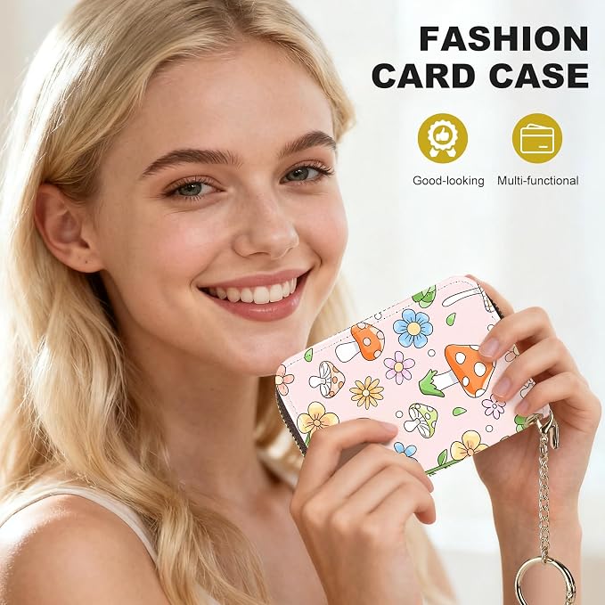 Credit Card Holder for Women,Small Rfid Wallet with Keychain Zipper,Cute PU Leather Card Case Wallet，Accordion Credit Card Wallets Gift,Little Mushroom - Image 6