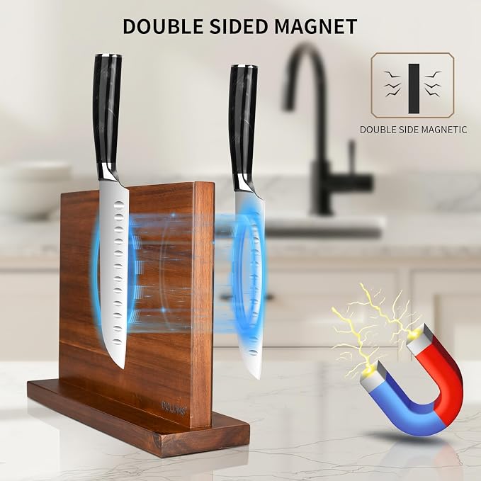 Magnetic Knife Block, Acacia Wood Kitchen Knife Holder, Multifunctional Double Side Knife Storage Organizer for Kitchen Counter ，Equipped with powerful enhanced magnets (Without knife) - Image 4
