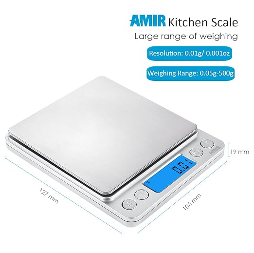 (Upgraded) AMIR Digital Kitchen Scale, 500g Mini Pocket Jewelry Scale, Food Scale, Coffee Scale, Back-Lit LCD Display, 2 Trays, 6 Units, Auto Off, Tare, PCS, Stainless Steel (Batteries Included) - Image 5