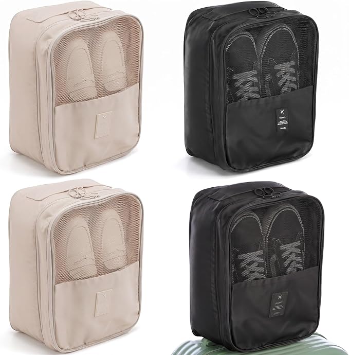 4 Pack Shoe Bags for Travel Holds 2 Pairs Each, Portable Travel Shoe Bag Organizer for Luggage, Durable Oxford Cloth Storage for Women Men (2 Black 2 Beige) by Unknown