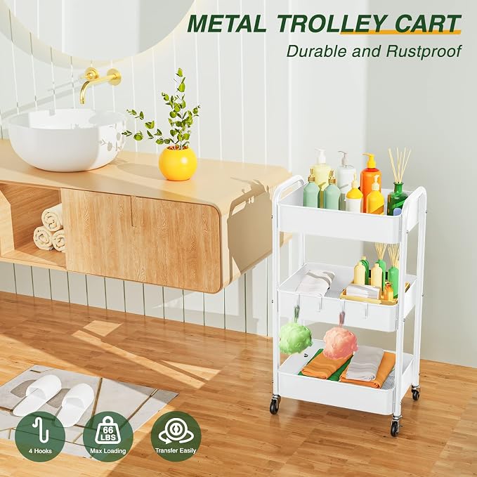 LEHOM 3 Tier Rolling Cart, Metal Rolling Utility Cart with Lockable Wheels | Multi-Functional Heavy Duty Storage Cart Organizer for Bathroom, Kitchen, Office, Living Room, Rolling Storage Trolley - Image 2