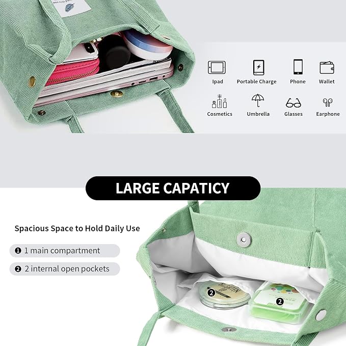 Corduroy Tote Bag for Women Crossbody Bags Lightweight Handbags Shoulder Bag with Zipper Pockets for Work Shopping - Image 3