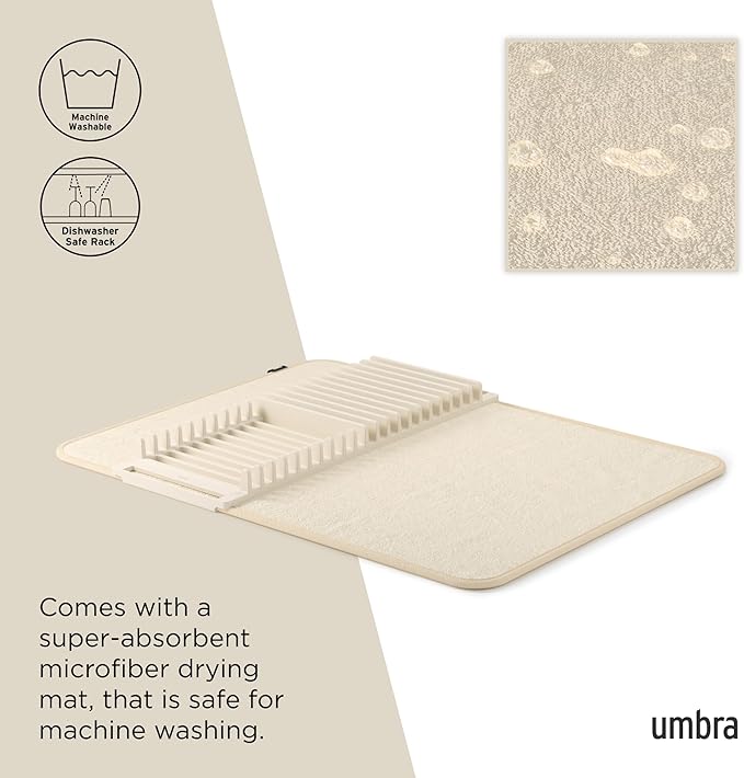 Umbra Udry Dish Drying Rack with Mat, Folds Flat for Storage, Linen | Protects countertop, BPA-free, recycled plastic construction - Image 5