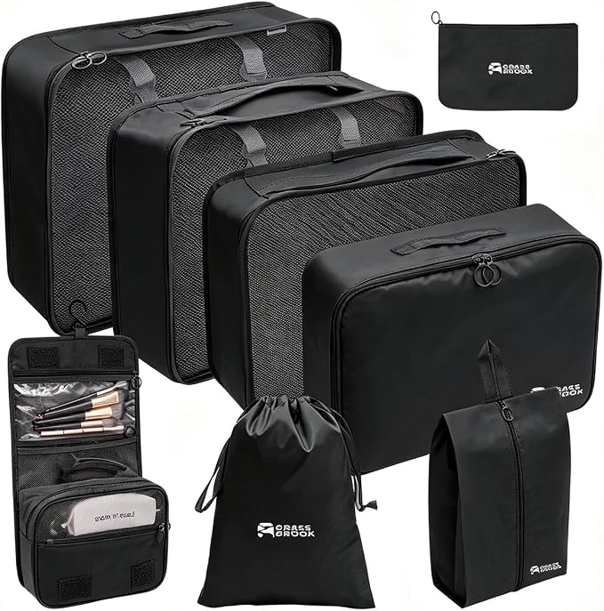 8 Set Packing Cubes for Travel Essentials, Suitcase Organizer Bags, Carry-On Luggage Accessories for Travel Essentials, Must-Have for Airplane, Road Trip & Camping (Black) by GRASSBROOK
